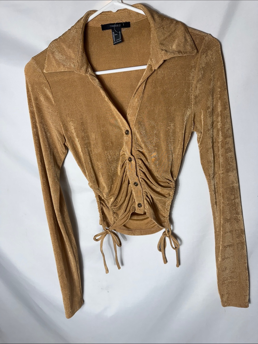 Forever 21 Camel Ruched Button-Front Long Sleeve Top